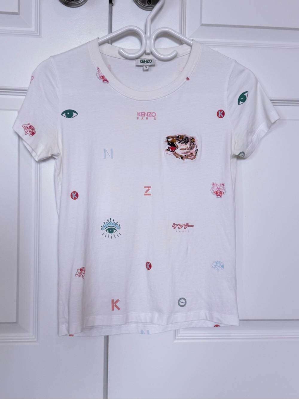 Kenzo White Graphic Logo Tee with Multicolor Icons